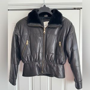 Andrew Marc black leather bomber with fur trim